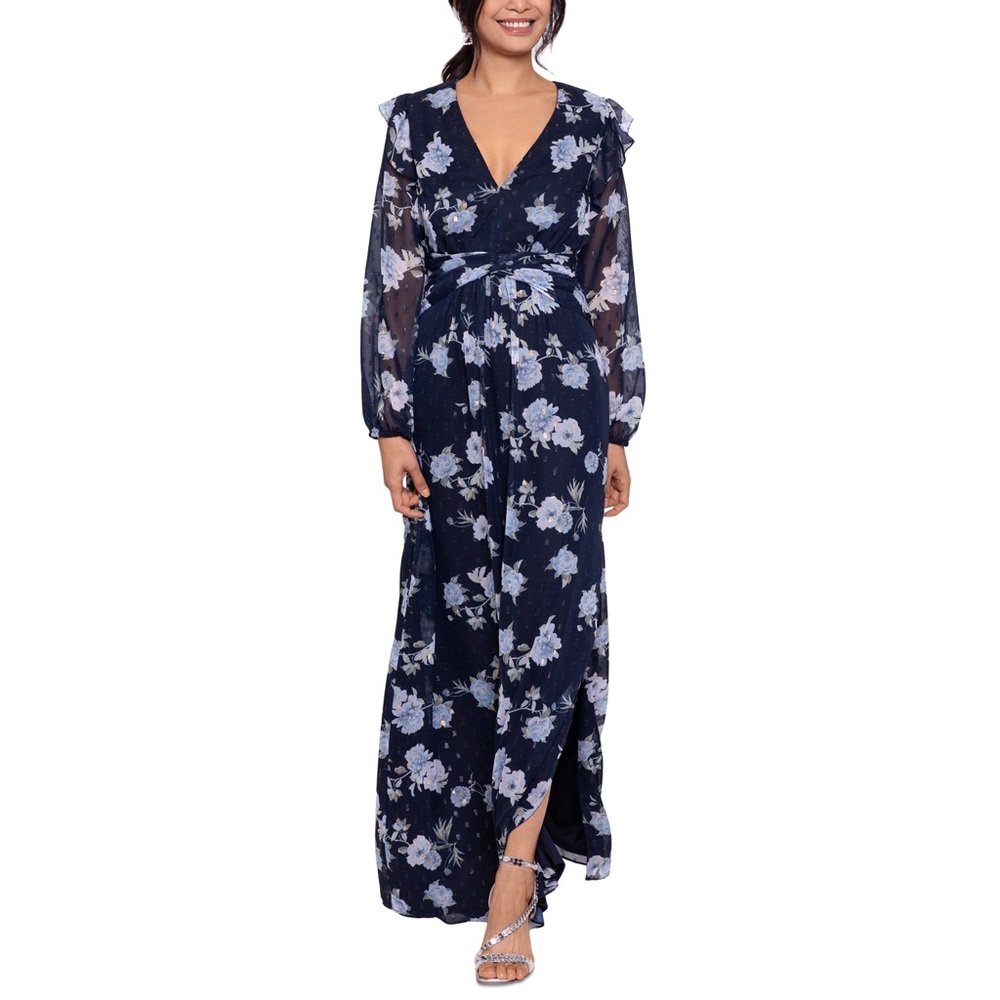 Betsy & Adam women’s floral print long sleeve gown in navy blue